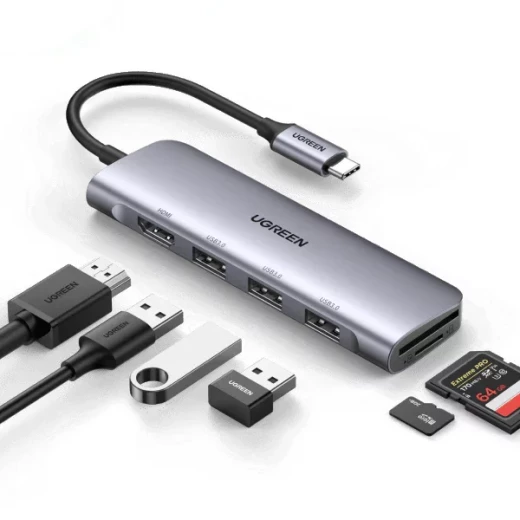محول يو جرين 6 في 1 بمنفذ USB-C، منفذ HDMI بدقة 4K 60 هرتز، USB 3.0، قارئ بطاقات SD/TF لأجهزة MacBook Pro Air و iPhone 15 Pro - يوجرين - Image 7